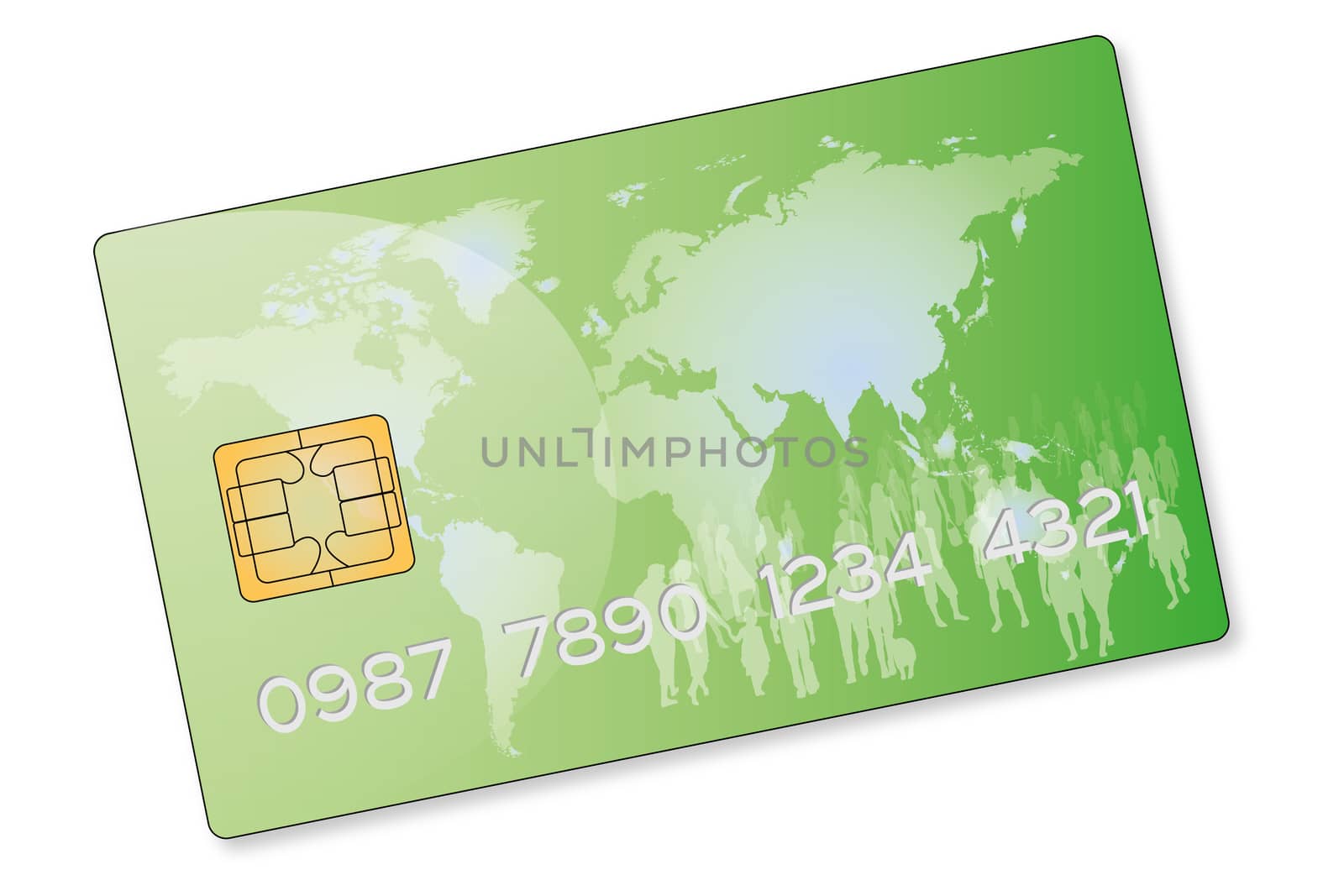 drawing of a green credit card with a crowd of people on a world map