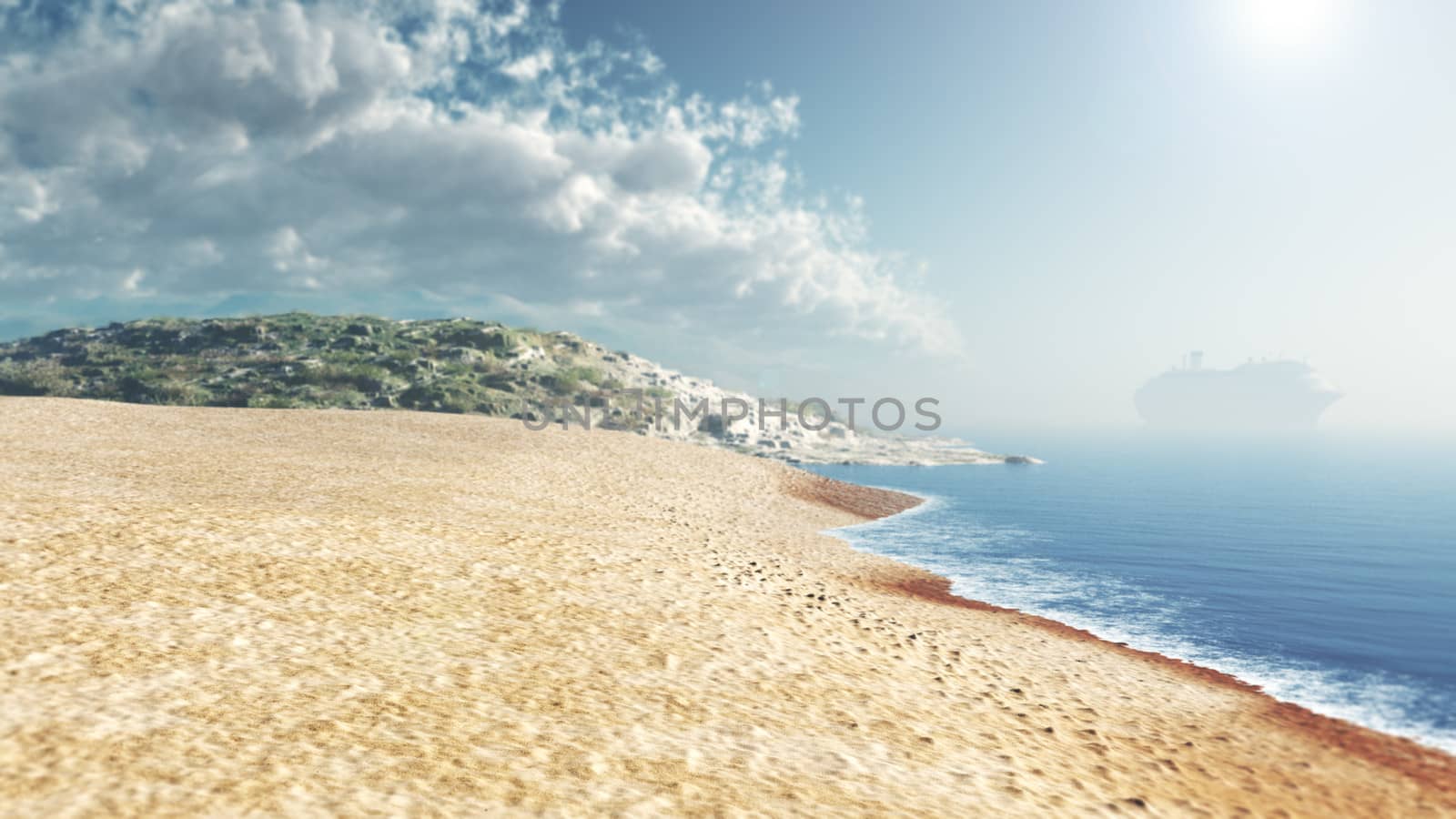 sea beach blue sky daylight relaxation landscape with ship by denisgo