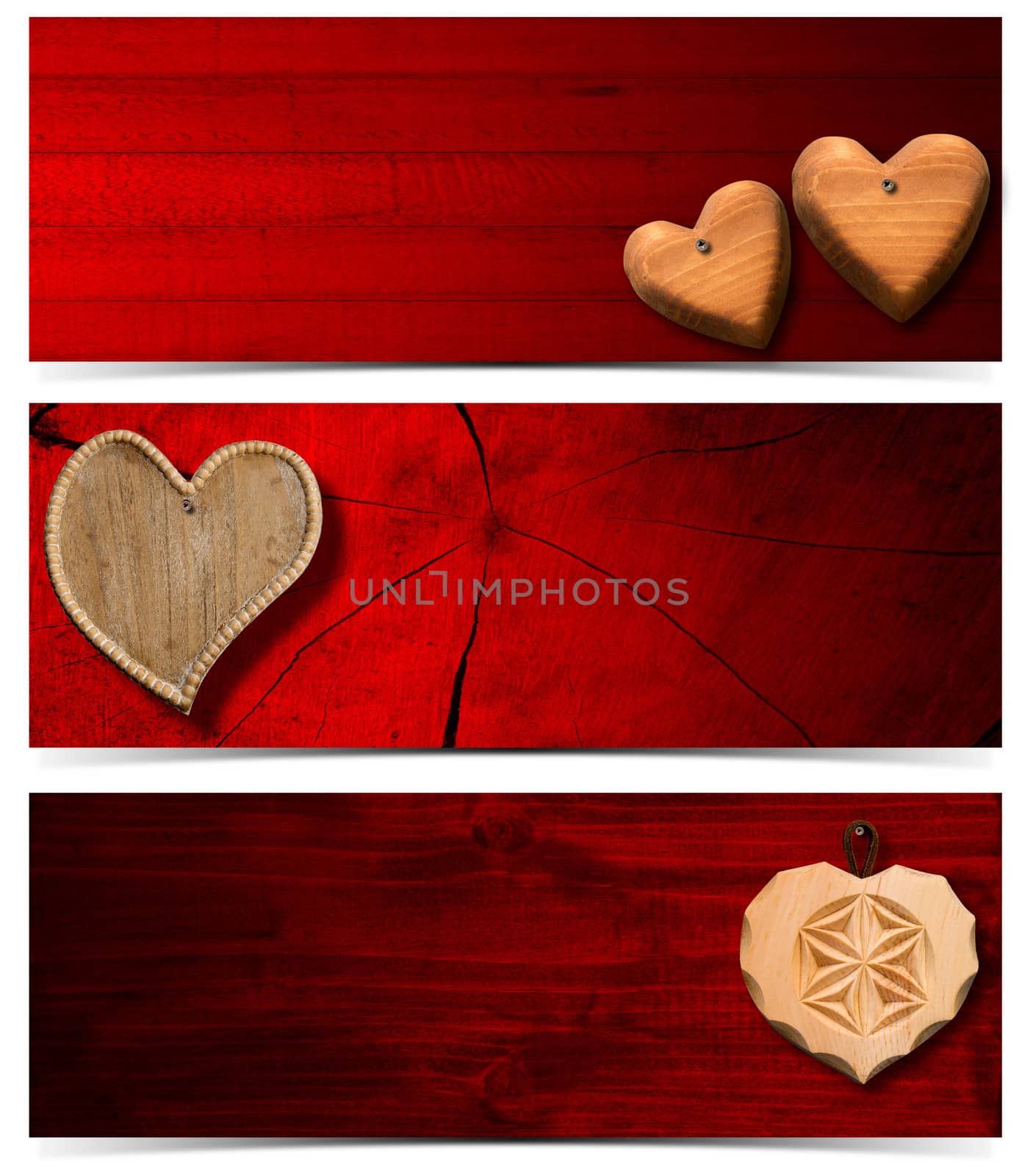 Handmade wooden hearts hanging on red wooden background - Three banners
