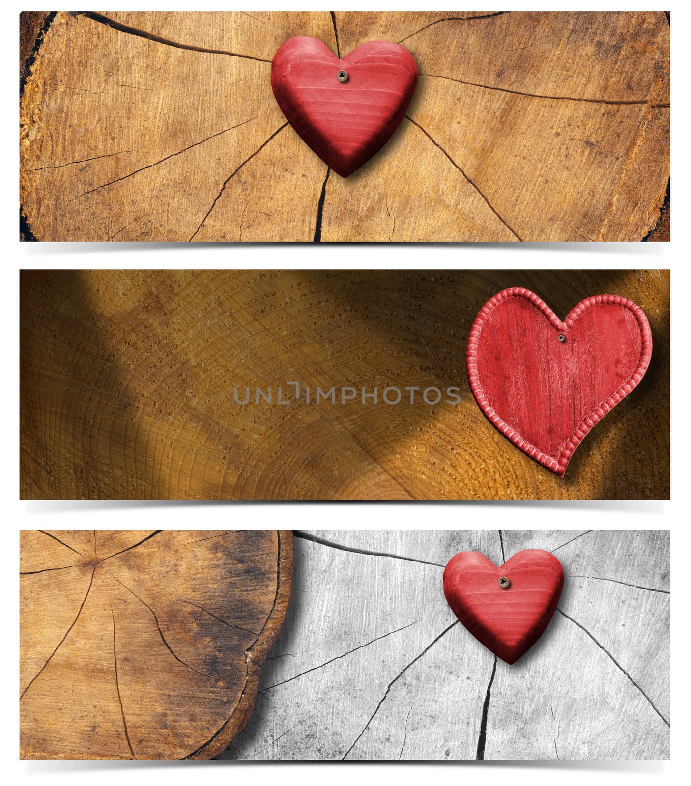 Handmade wooden hearts hanging on trunk section background - Three banners
