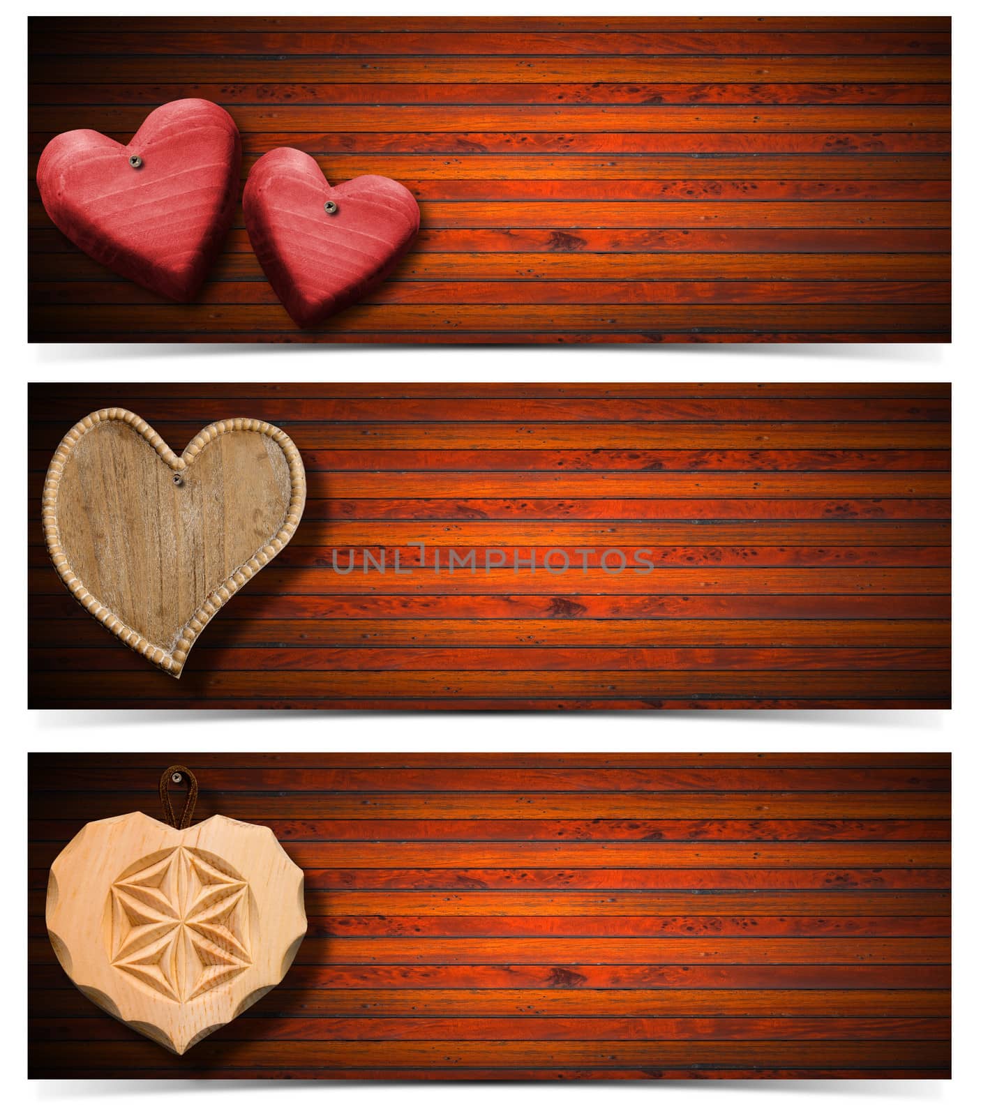 Handmade wooden hearts hanging on brown wooden background - Three banners
