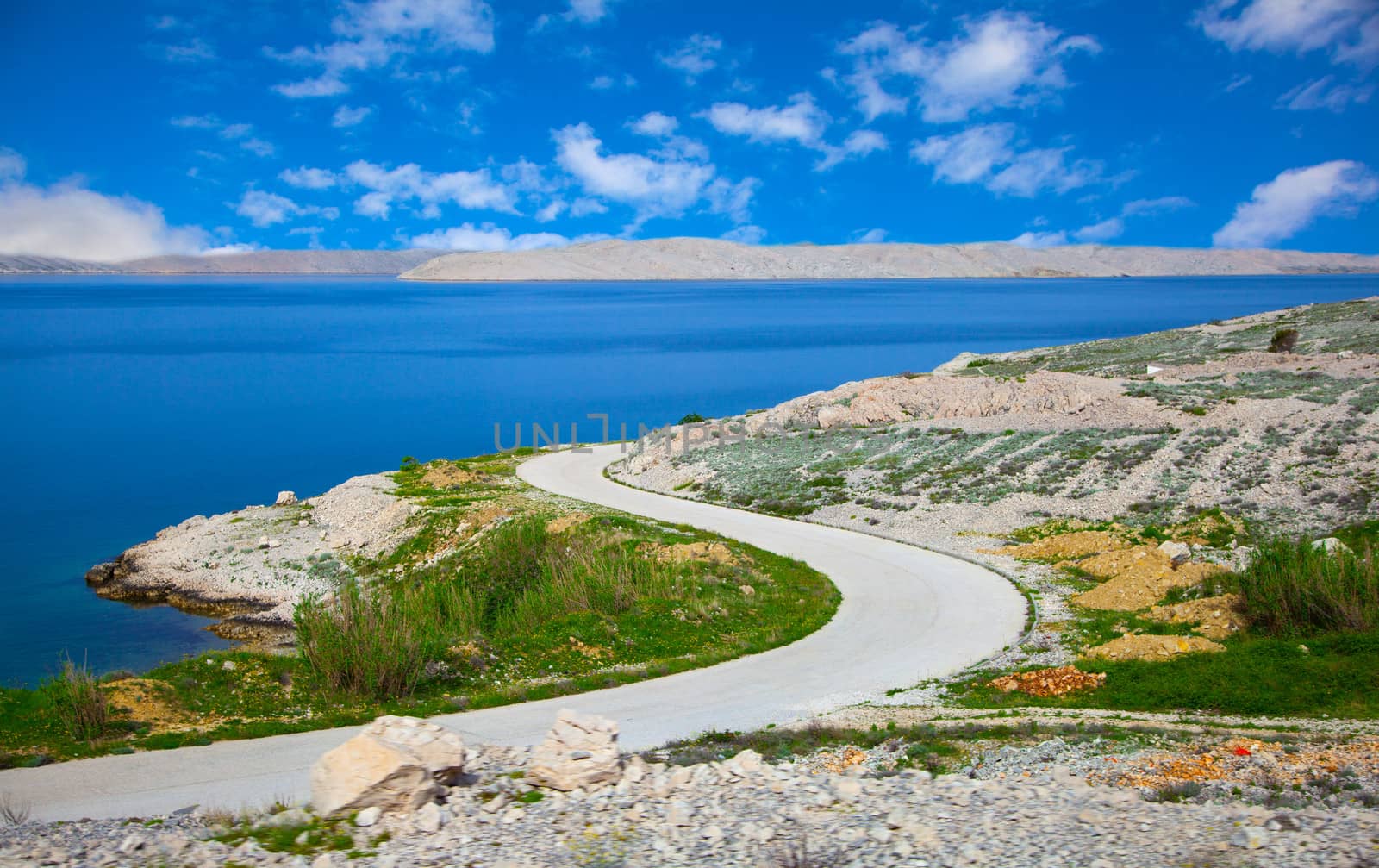 dalmatian part of the Adriatic coast and rocky beach, with blue sky  in Pag in Croatia.