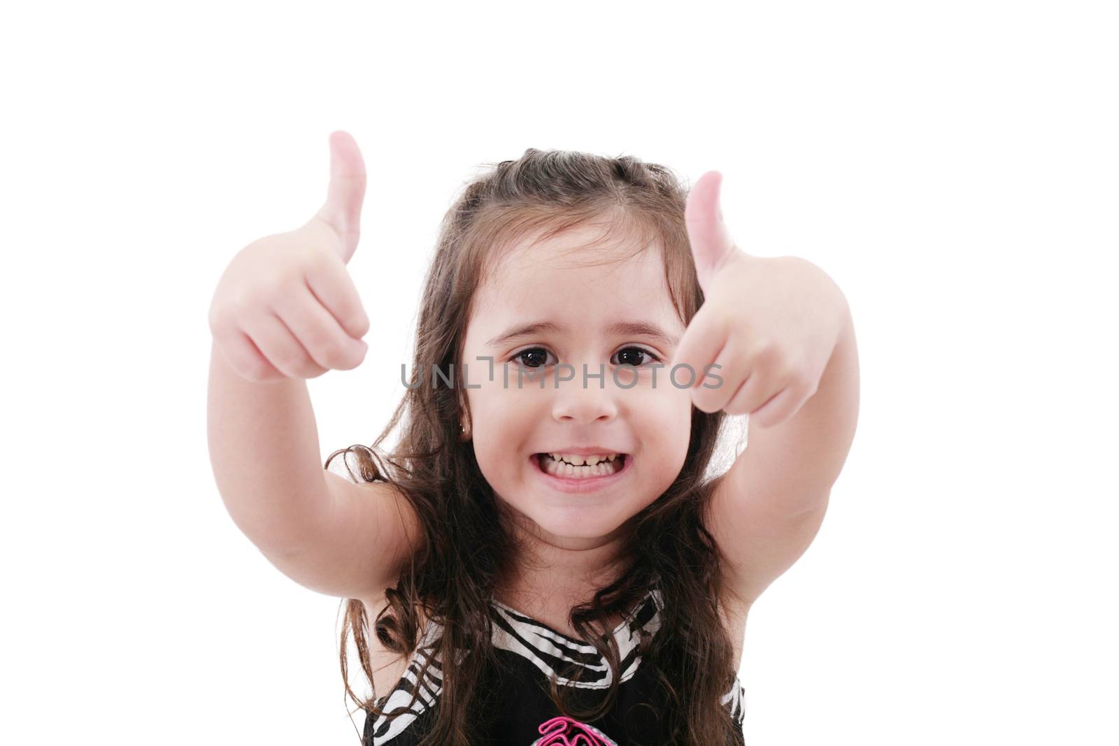 Close up portrait of cute girl showing thumbs up.Isolated on whi by dacasdo