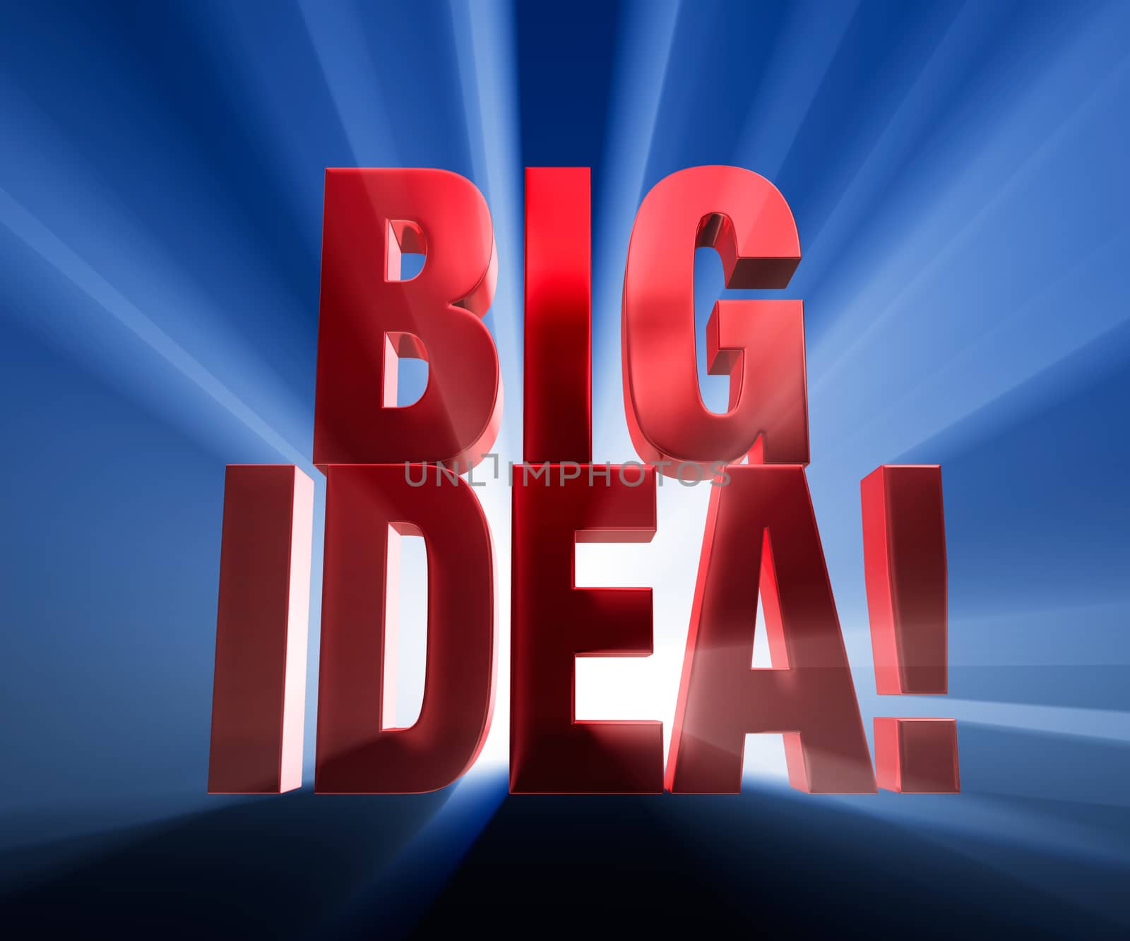 Bold, red "BIG IDEA on a dark blue background brilliantly backlit with light rays shining through.