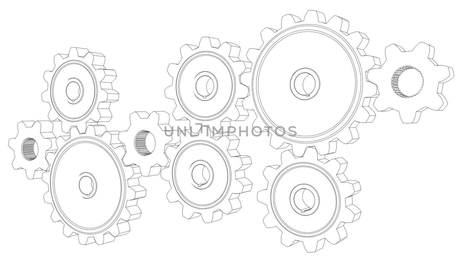 Wire frame gears. 3d rendering on white background