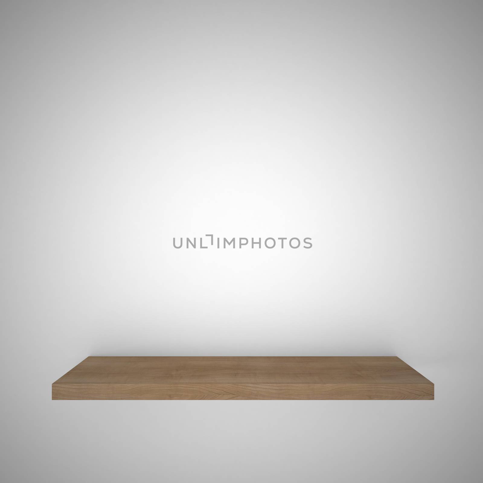 Wooden shelf. 3d rendering of a gray background