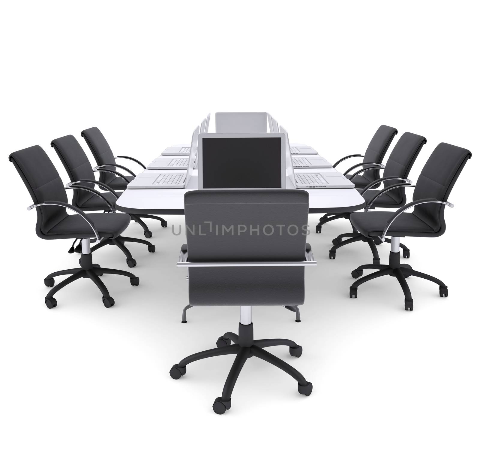 Laptops on the office round table and chairs. Isolated render on a white background