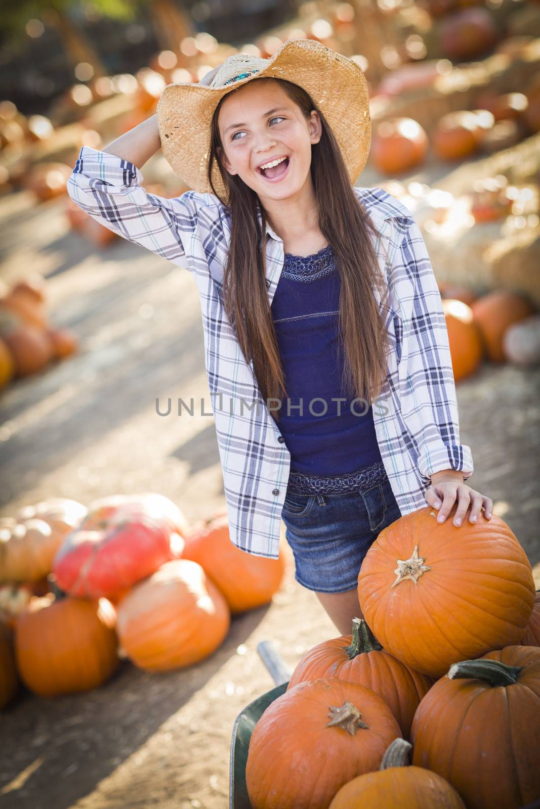 Preteen Girl Playing with a Wheelbarrow at the Pumpkin Patch
 by Feverpitched