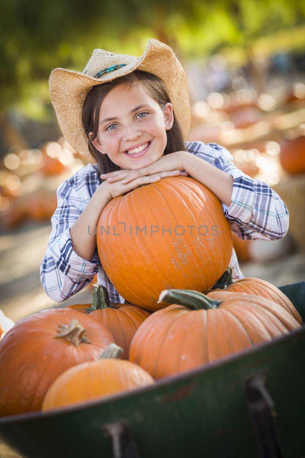 Preteen Girl Wearing Cowboy Hat Playing with a Wheelbarrow at the Pumpkin Patch in a Rustic Country Setting.
