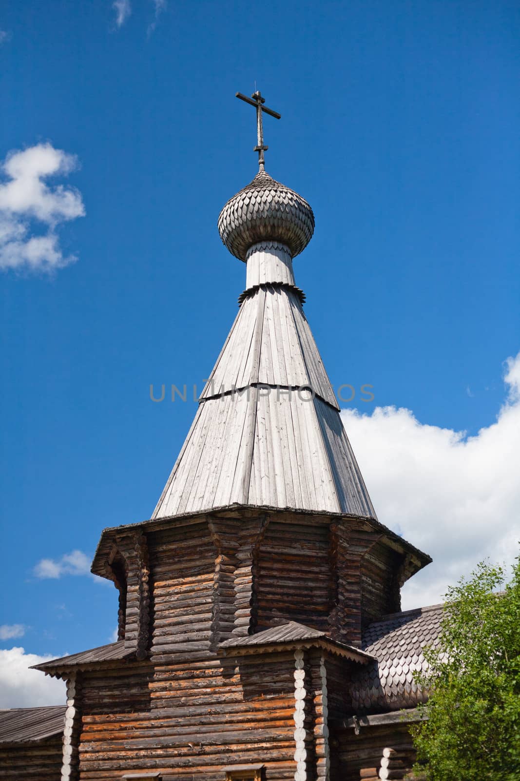 Wooden orthodox church in Ferapontov monastery in summer day
