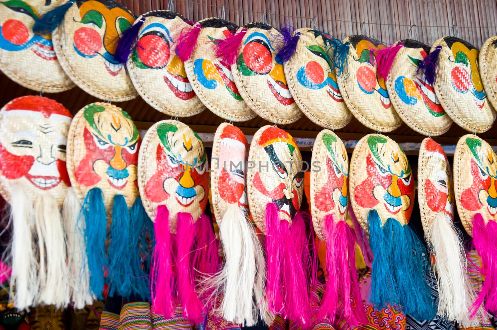 straw tray art colorful of mask from Vietnam country