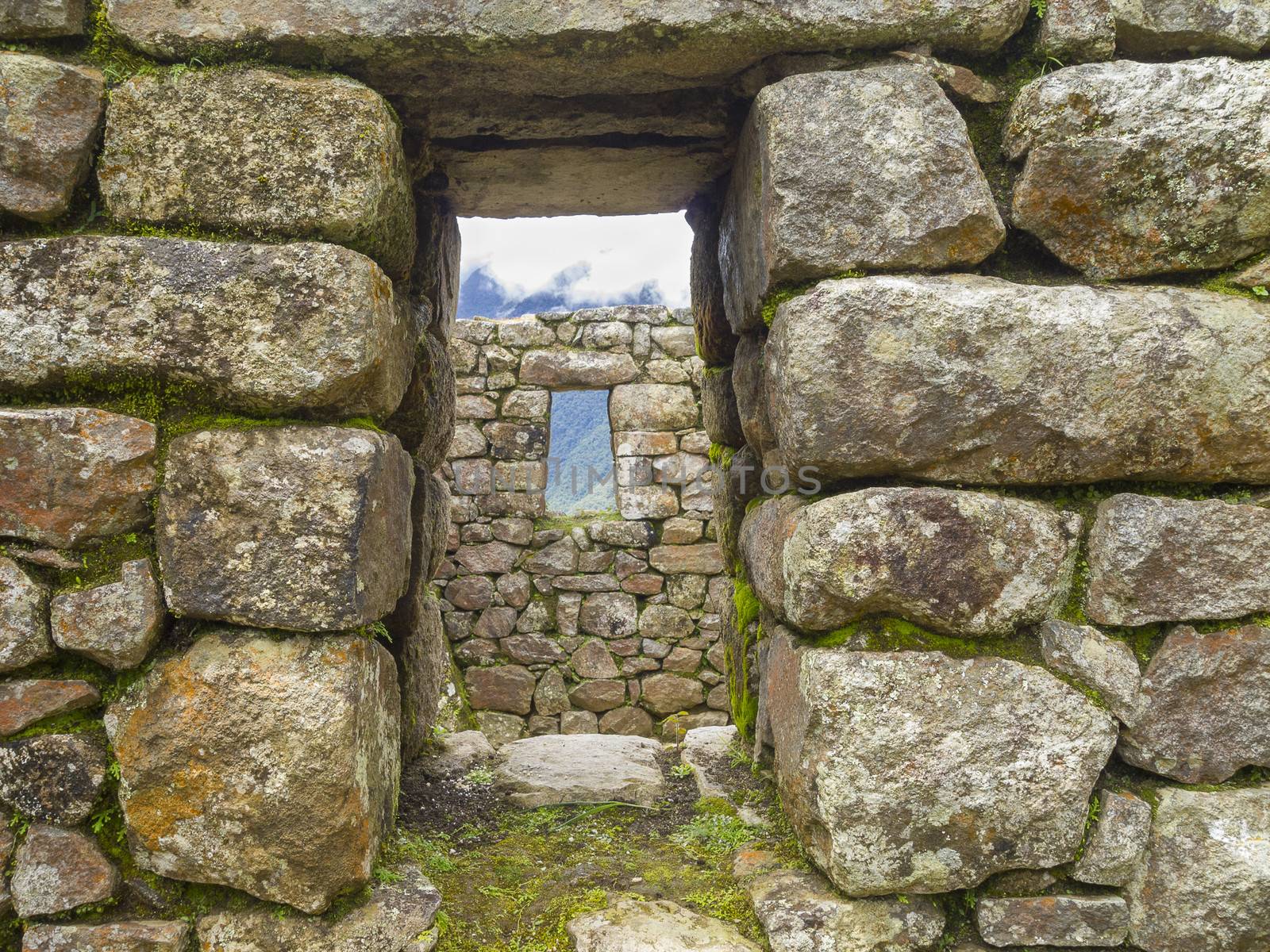 Doorway and window of the Inca sun temple at the lost city of Machu Picchu, Machupicchu District, Urubamba Province, Cusco Region, Peru.