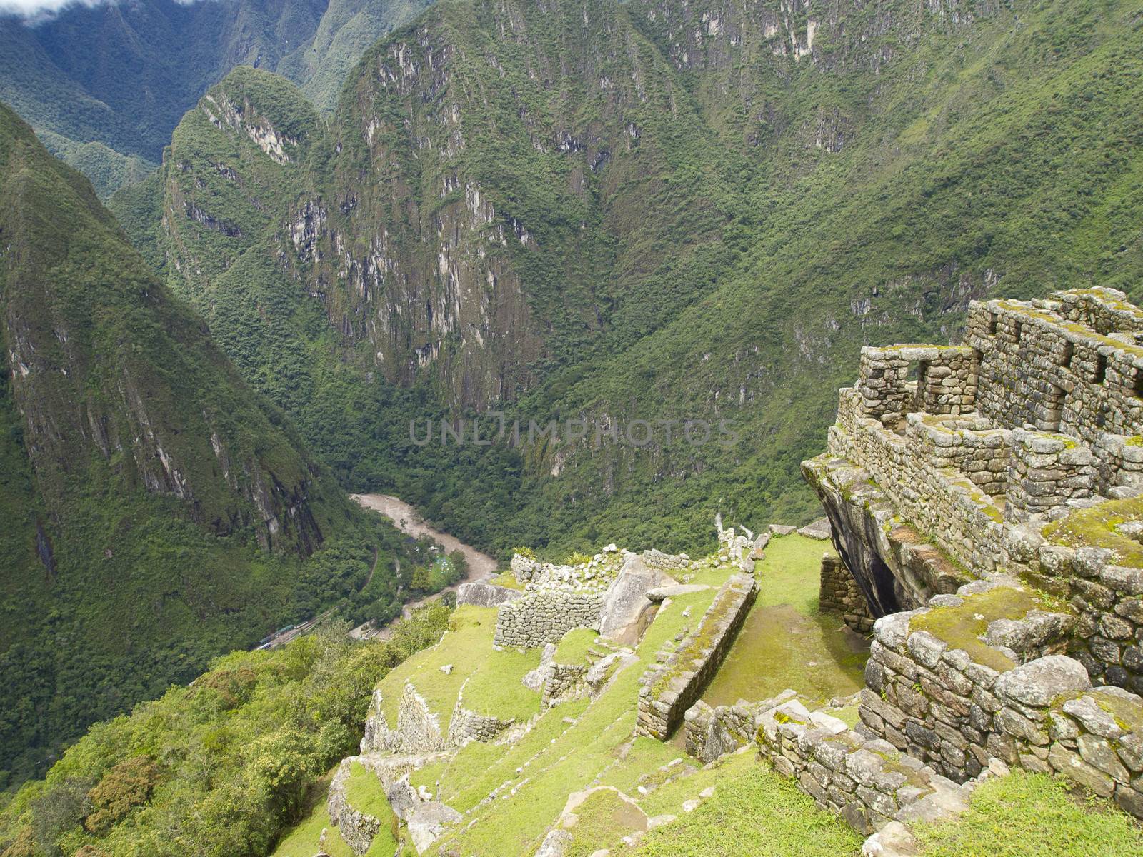 The Terraced Fields in the upper Agricultural Sector of the Machu Picchu over the Urubamba river valley, Cusco Region, Peru.