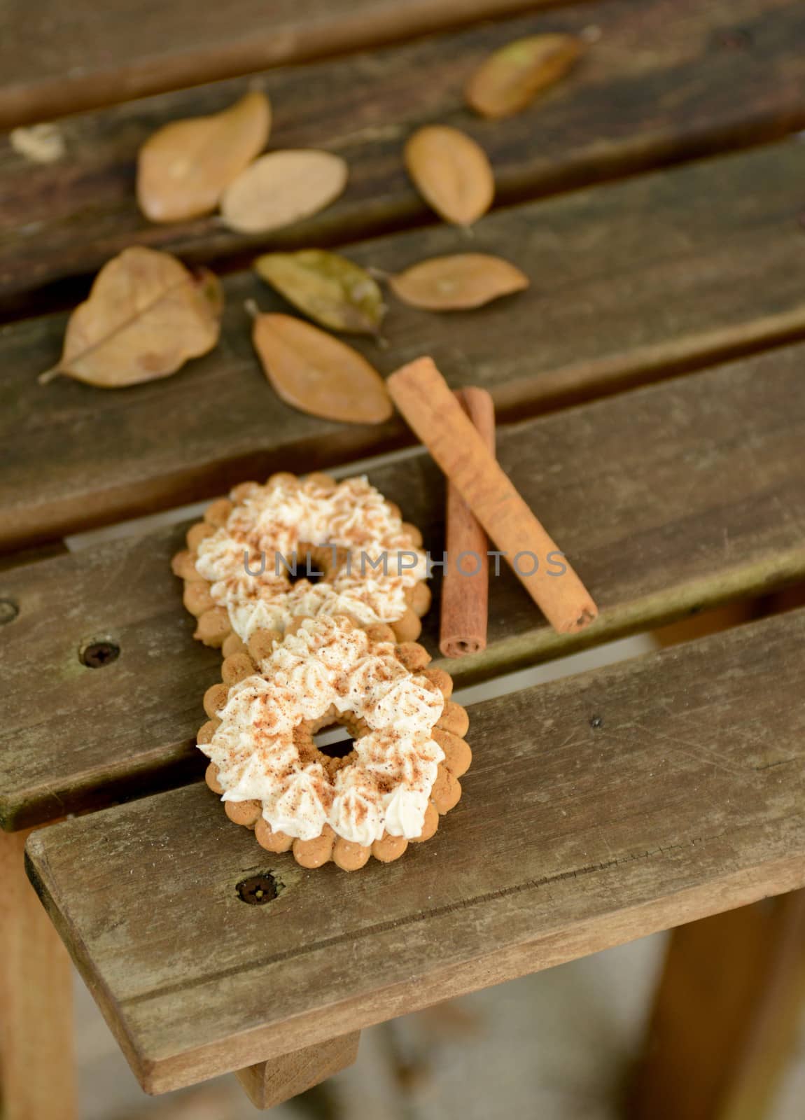 autumn dessert with nutmeg sprinkles and cinnamon sticks on white