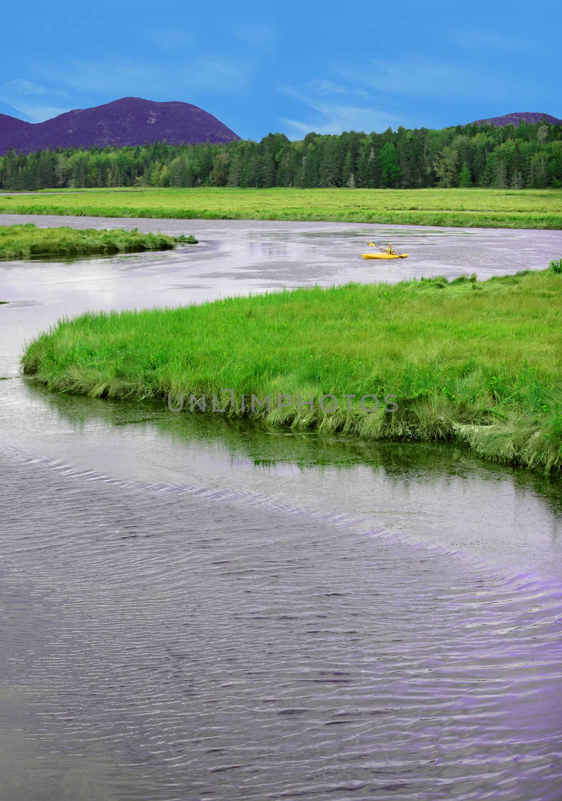 kayaking in main with river trees and mountains in summer landscape