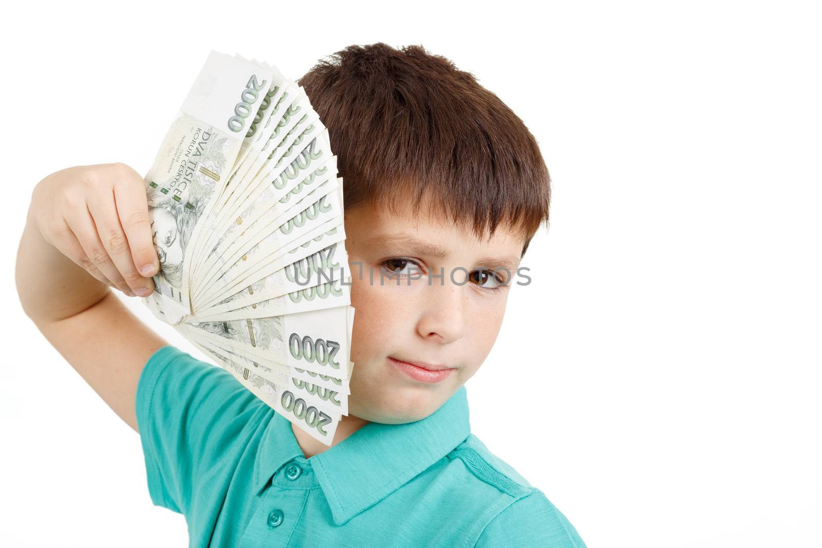 czech money, man boy holding a fan from czech crown banknotes