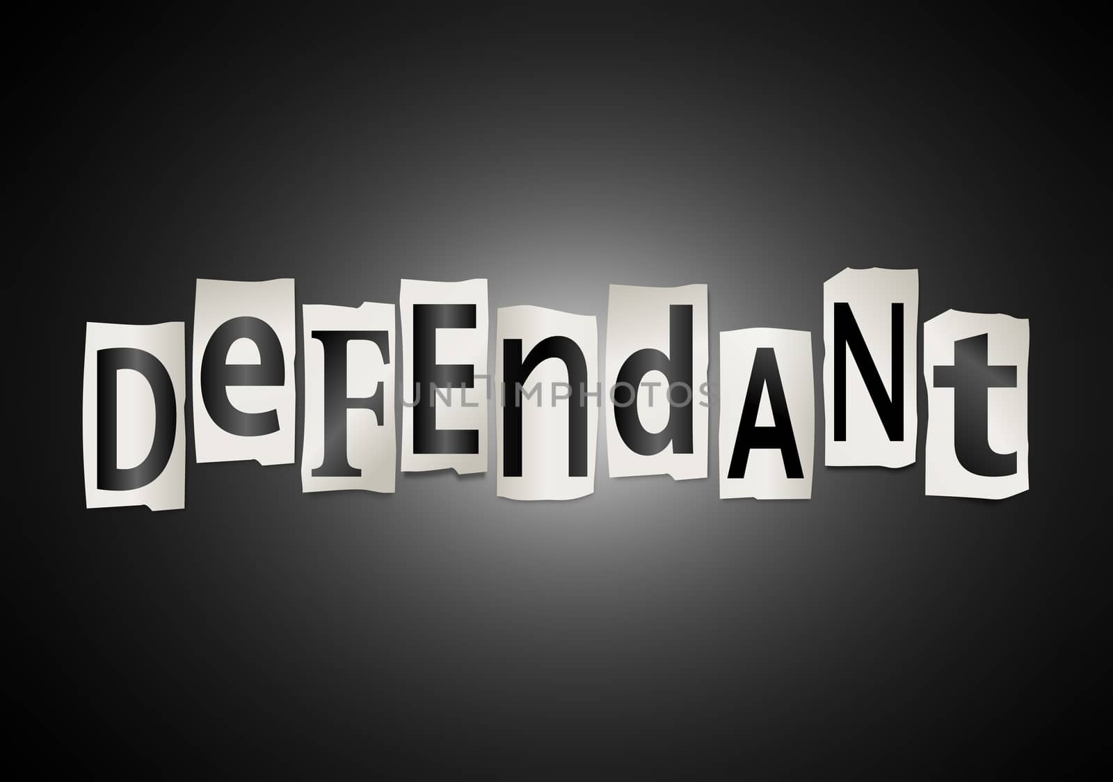 Illustration depicting a set of cut out printed letters formed to arrange the word defendant.