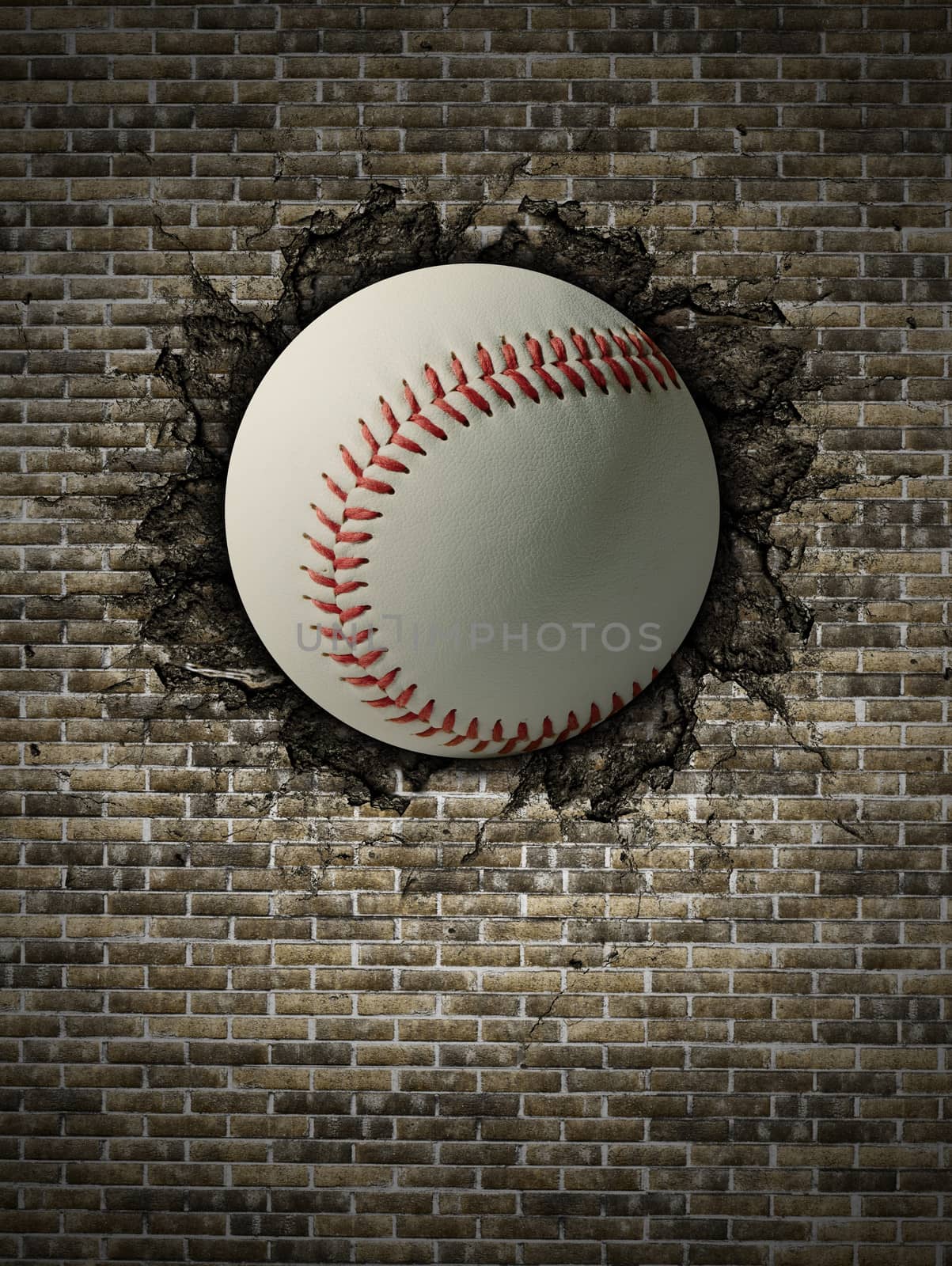 baseball ball on a broken brick wall