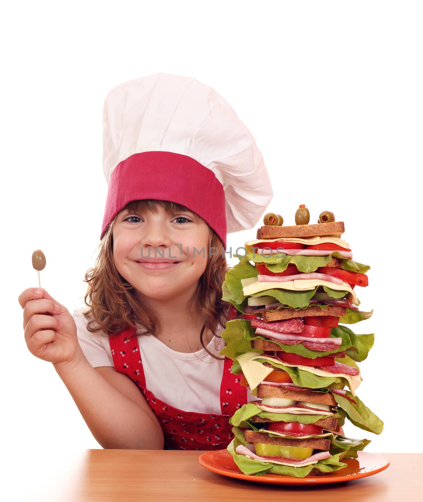 happy little girl with olive and tall sandwich by goce