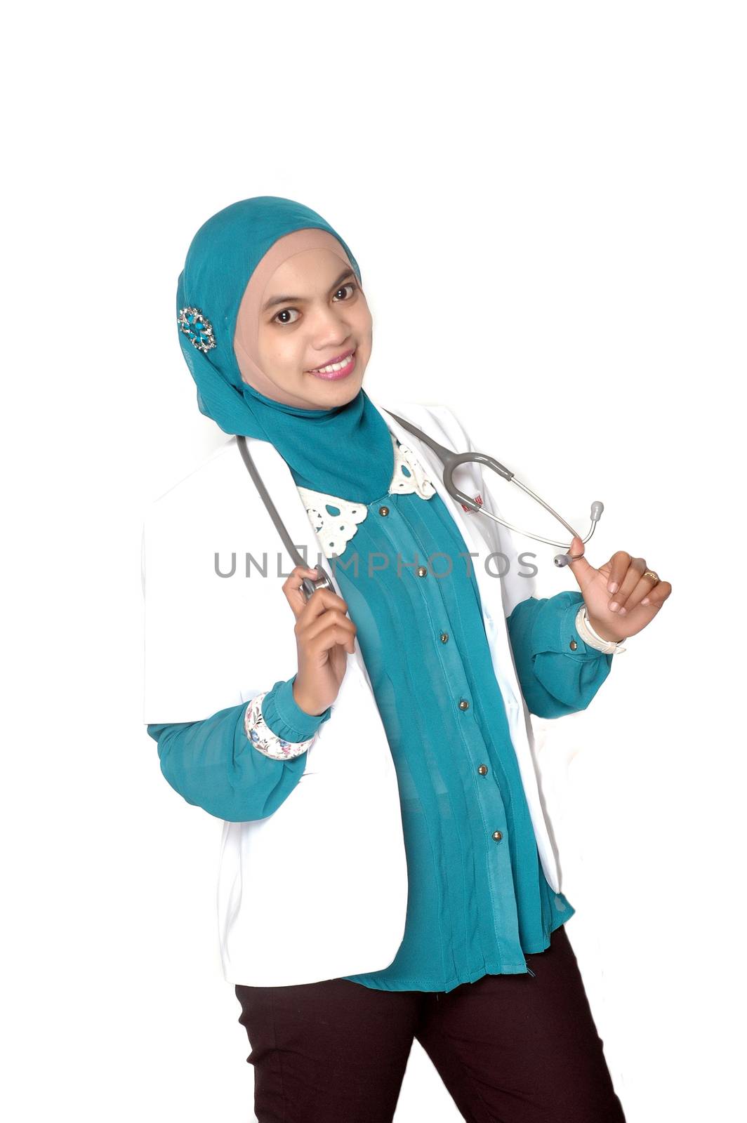 portrait of Asian young woman doctor on white background