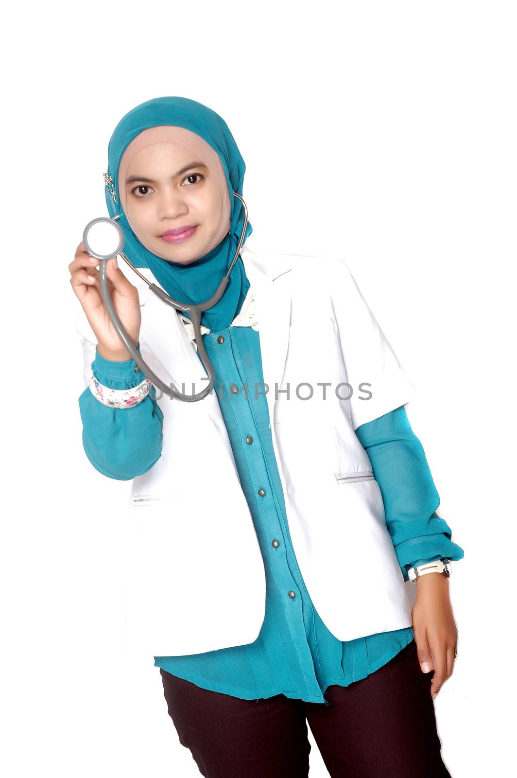 Asian young woman doctor holding a stethoscope  by antonihalim