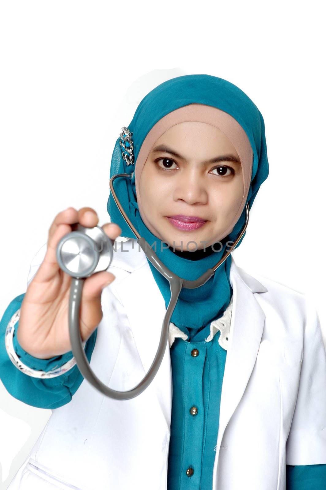 Asian young woman doctor holding a stethoscope on white background