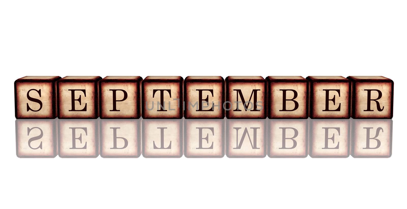 month september - text in 3d retro wooden cubes with letters and reflection, calendar concept element