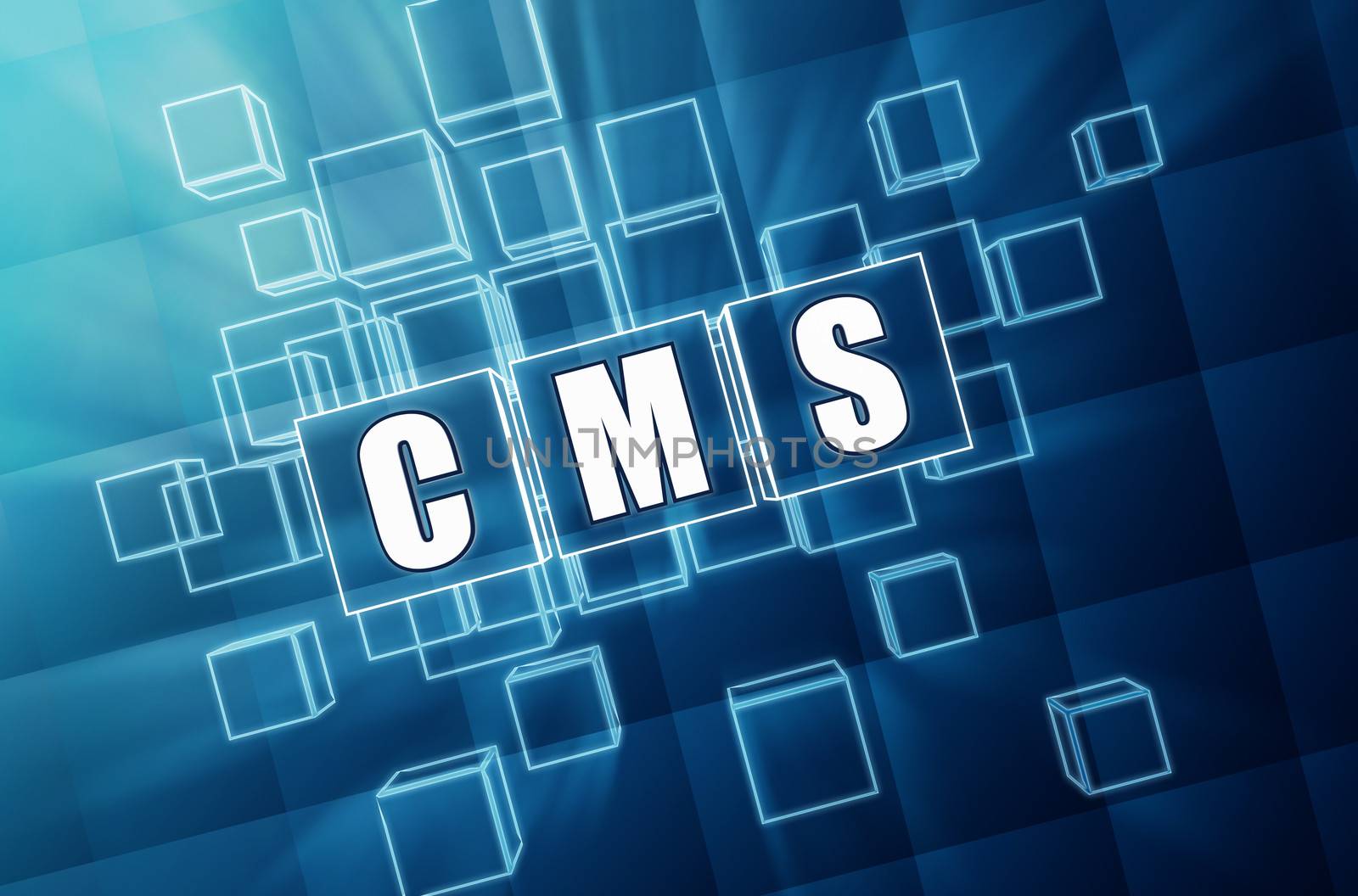 CMS, content management system - text in 3d blue glass cubes with white letters, internet concept