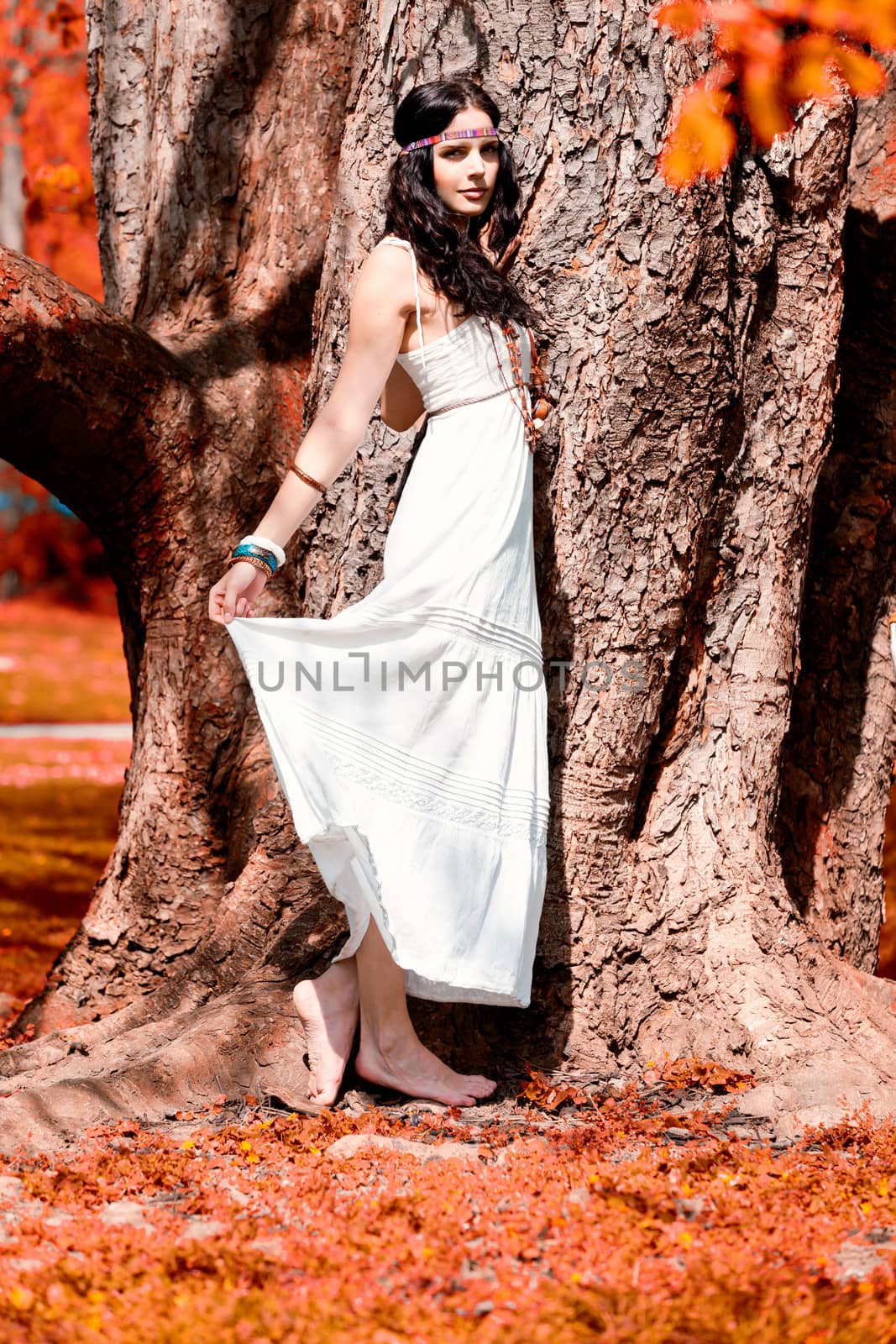 beautiful young brunette woman outdoor red summer autumn countryside