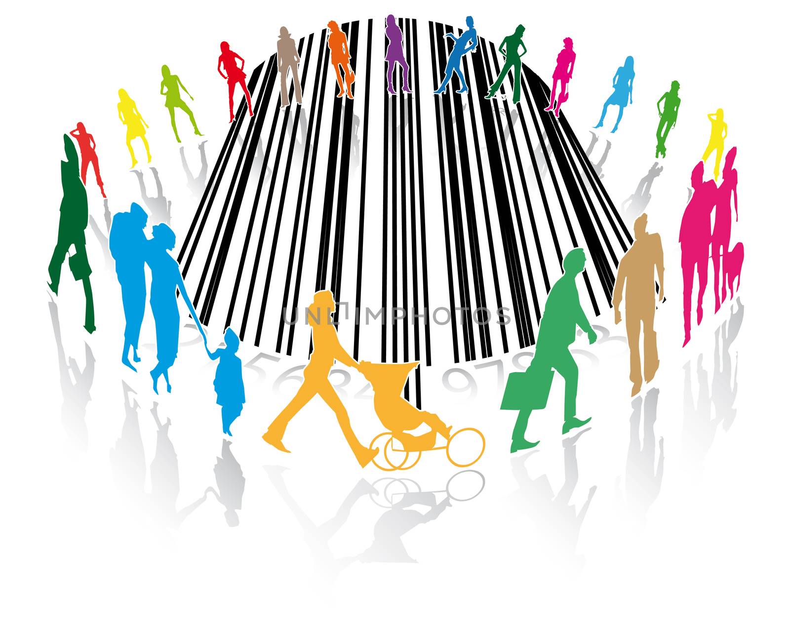 pedestrians or customers of a supermarket on a barcode