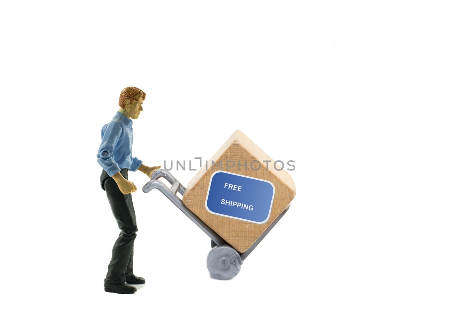 man with trolley and box text  free shipping