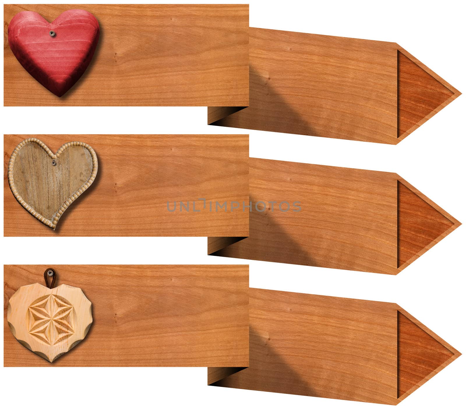 Three wooden banners with arrows and three wooden hearts on white background