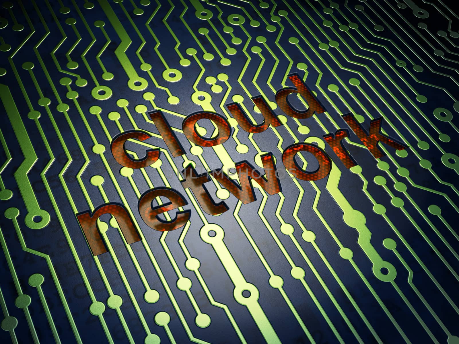 Cloud networking concept: circuit board with word Cloud Network, 3d render