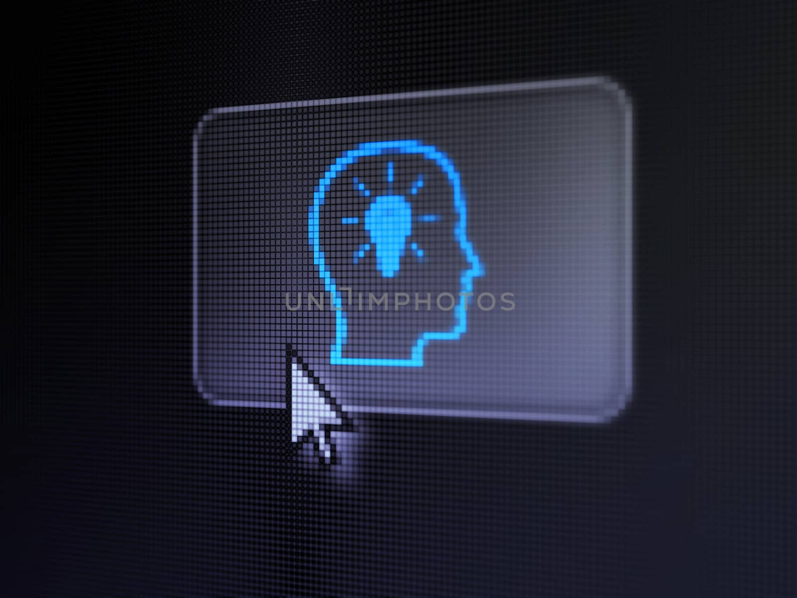 Data concept: pixelated Head With Lightbulb on button with Arrow cursor on digital computer screen, selected focus 3d render
