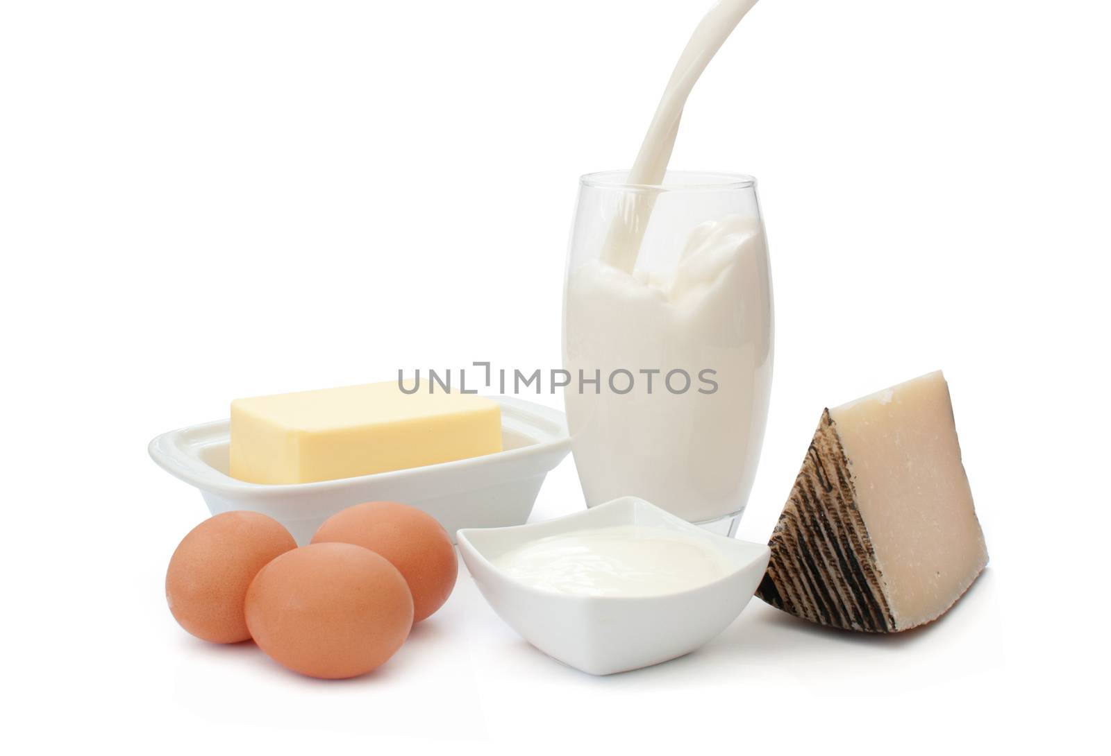 Various dairy products including cheese, butter, cream and milk, and eggs