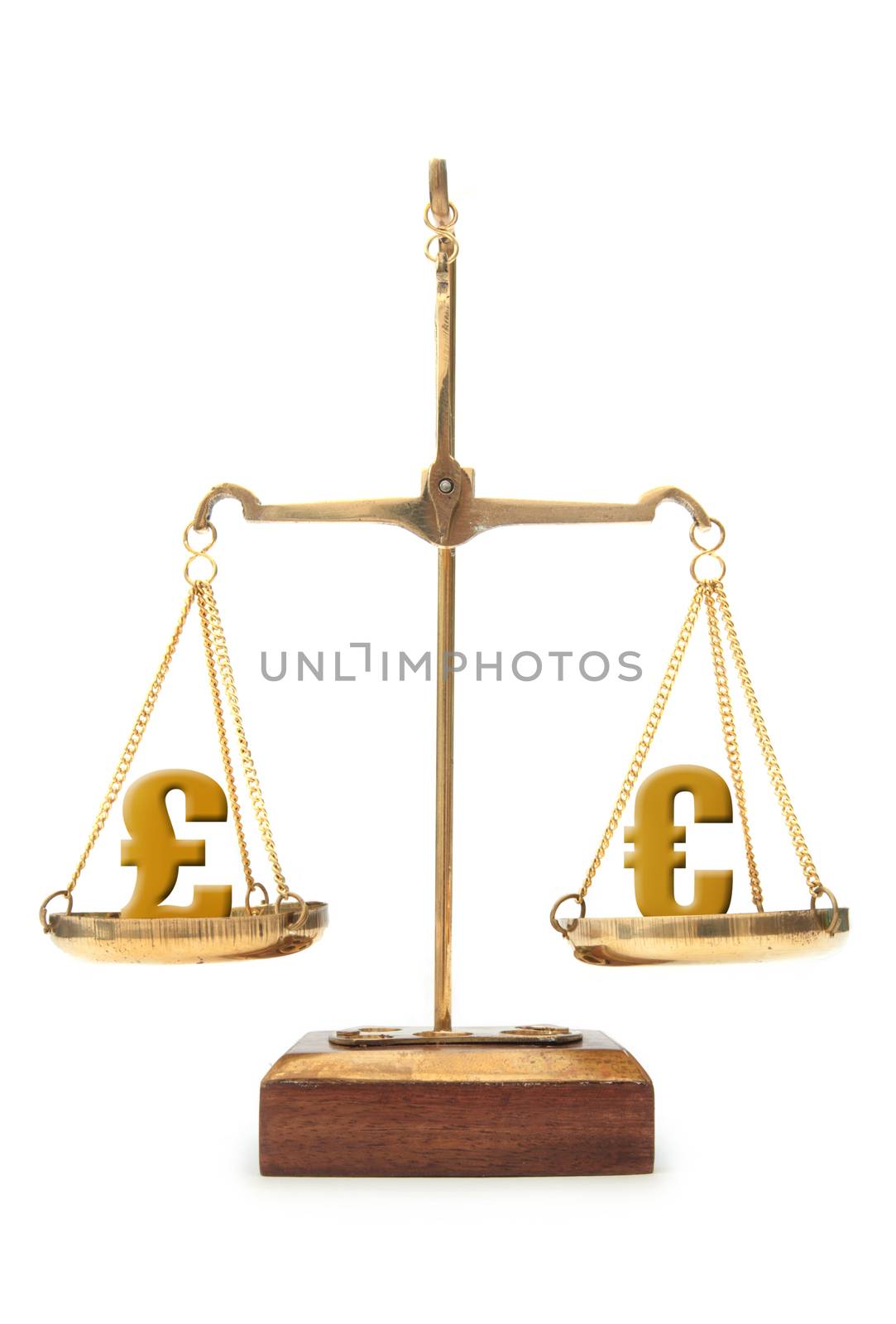 Euro and pound symbols balanced on weighing scales 