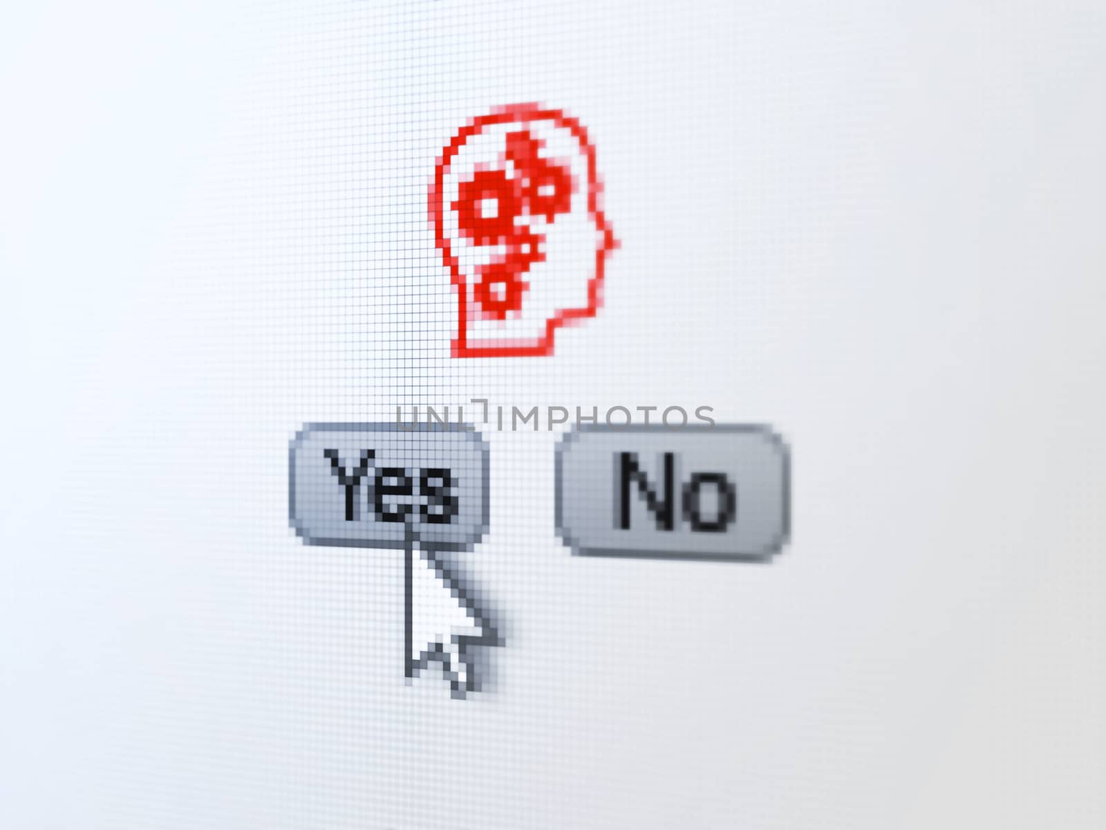 Data concept: buttons yes and no with pixelated Head With Gears icon and Arrow cursor on digital computer screen, selected focus 3d render