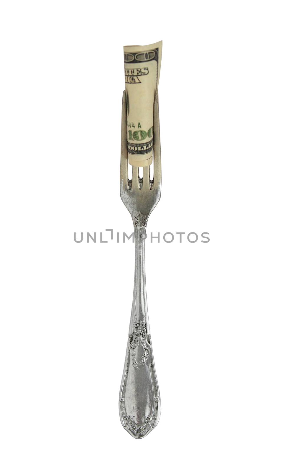 One hundred dollar banknote rolled up on a fork - isolated object