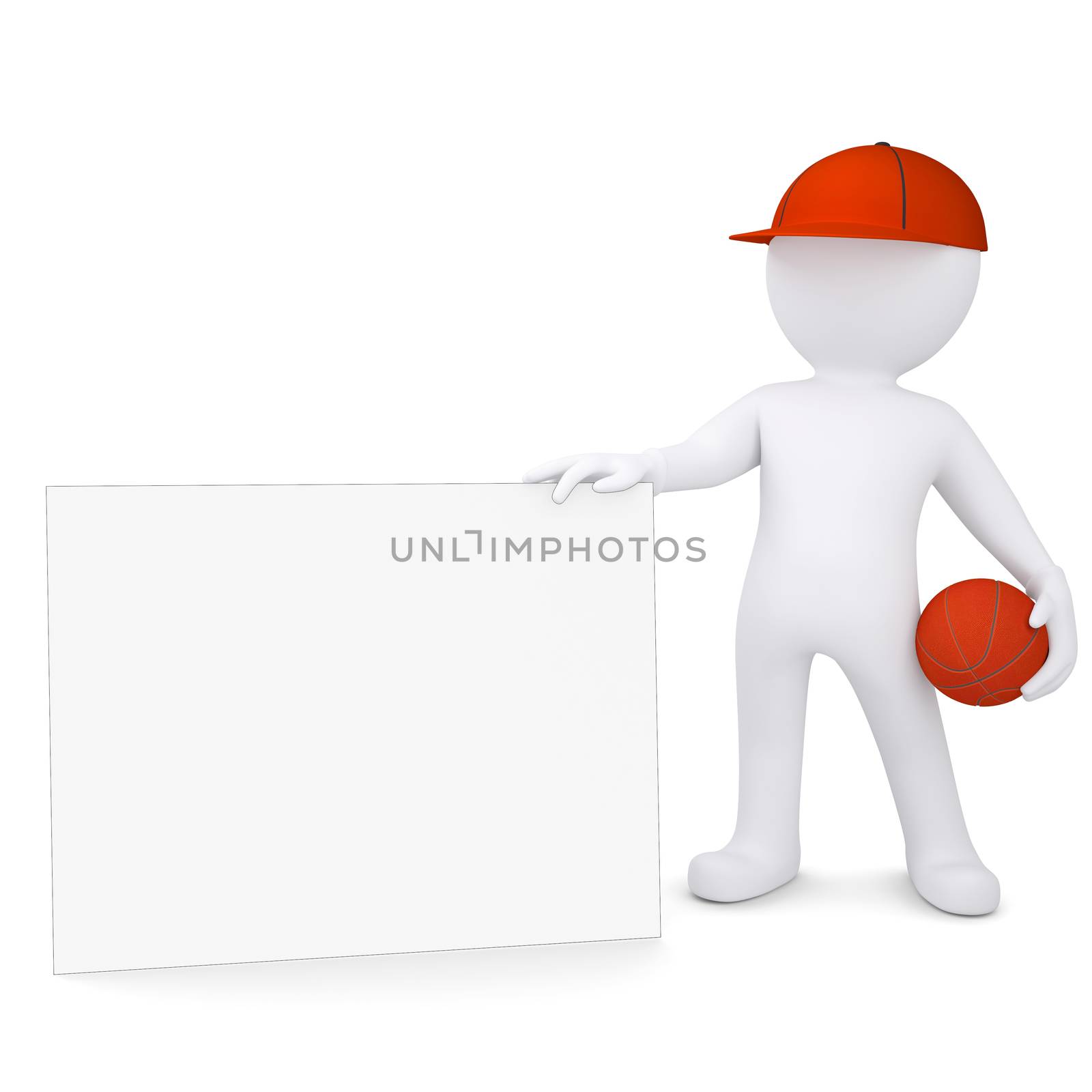 3d basketball player with the white card. Isolated render on a white background