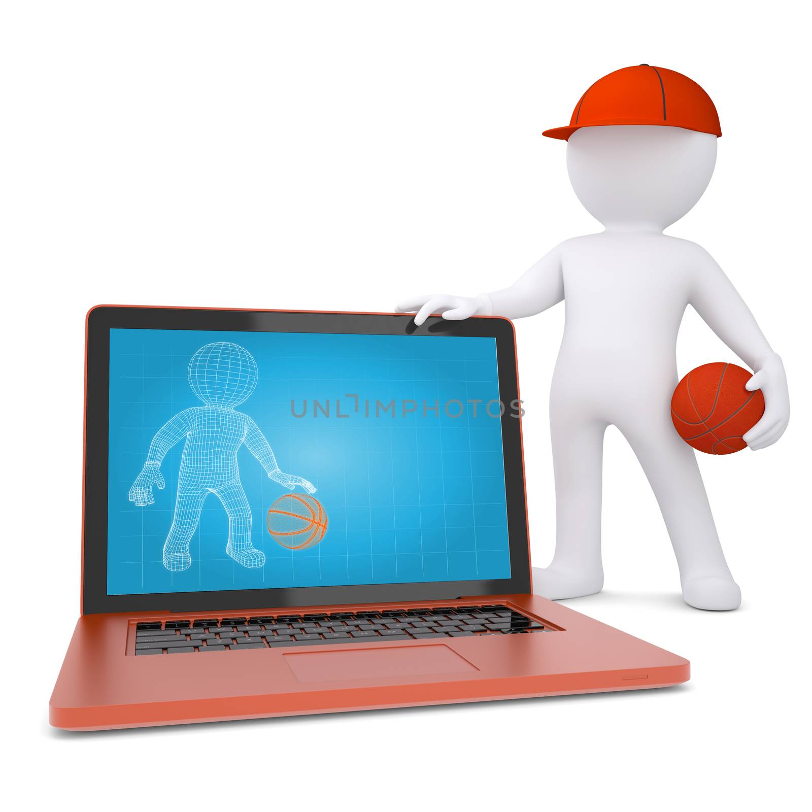 3d basketball player with the laptop. Isolated render on a white background