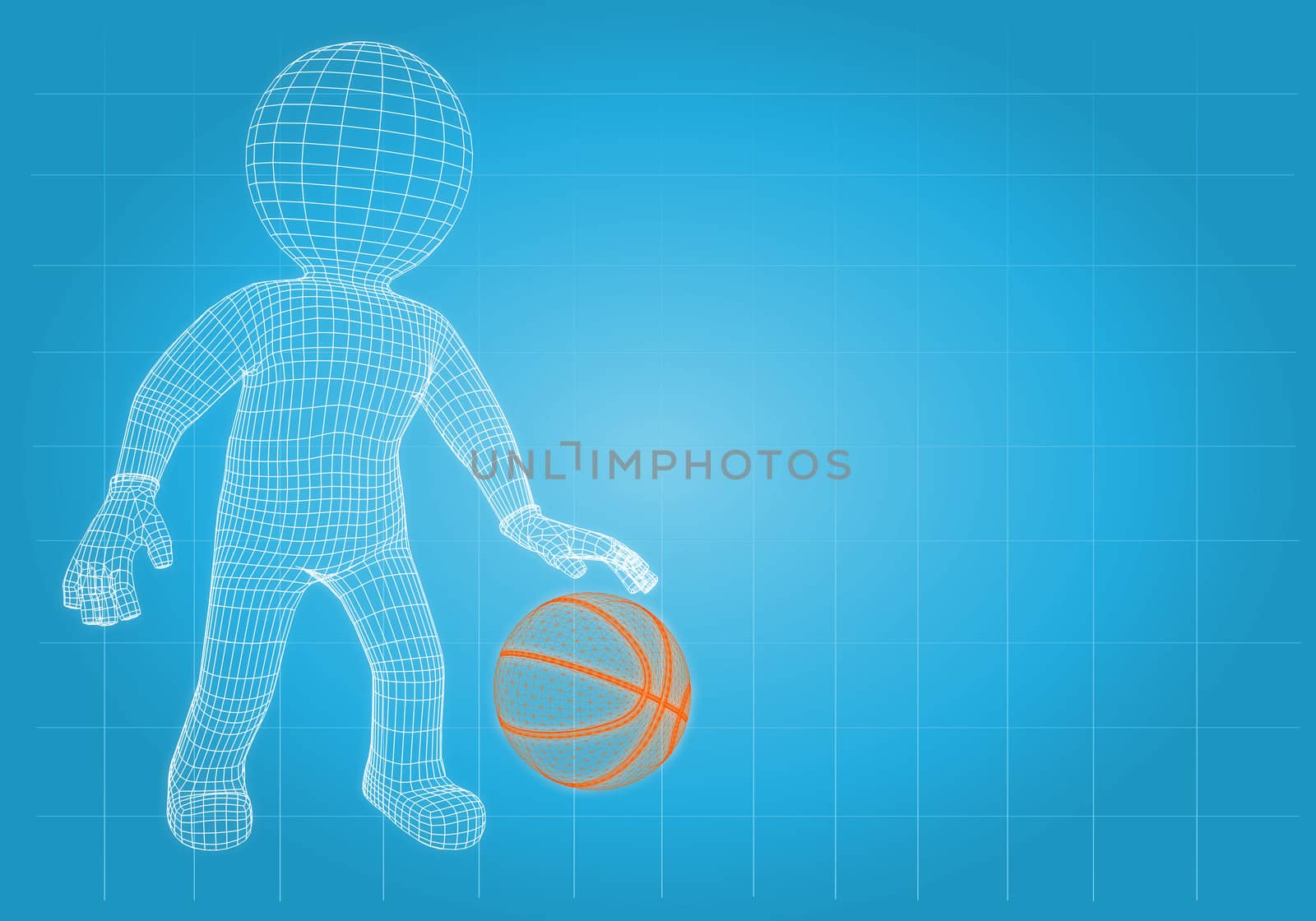 Wire frame basketball player with the ball. Render on a blue background
