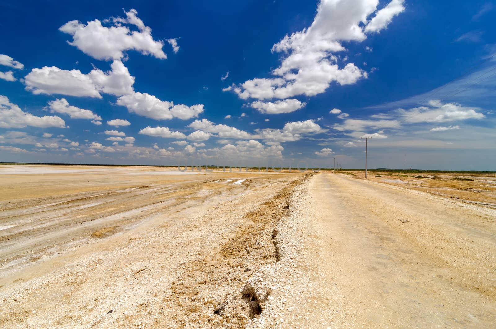 Dirt road passing through desert flatlands in La Guajira, Colombia