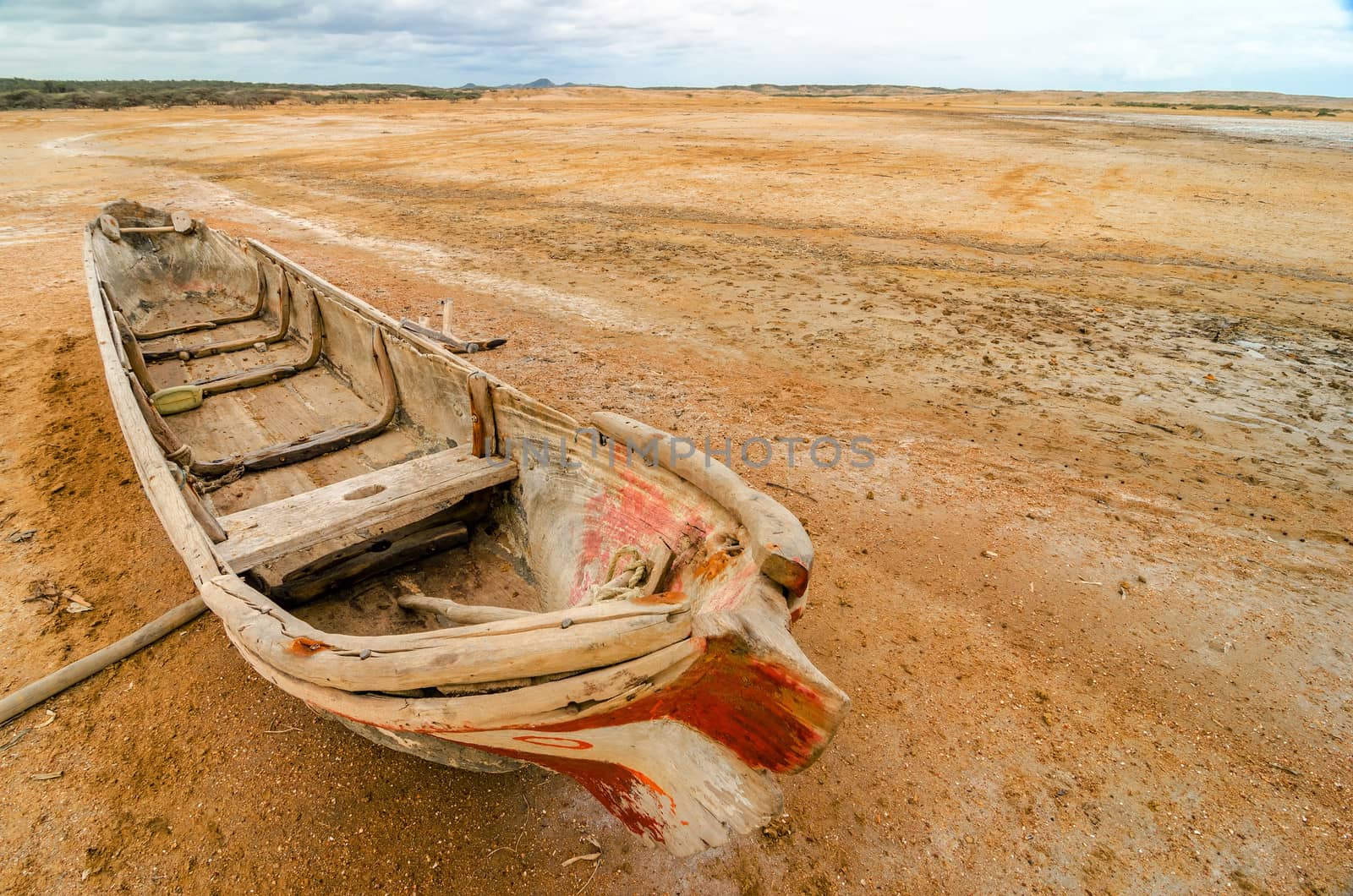 A canoe in the desert region of La Guajira in Colombia