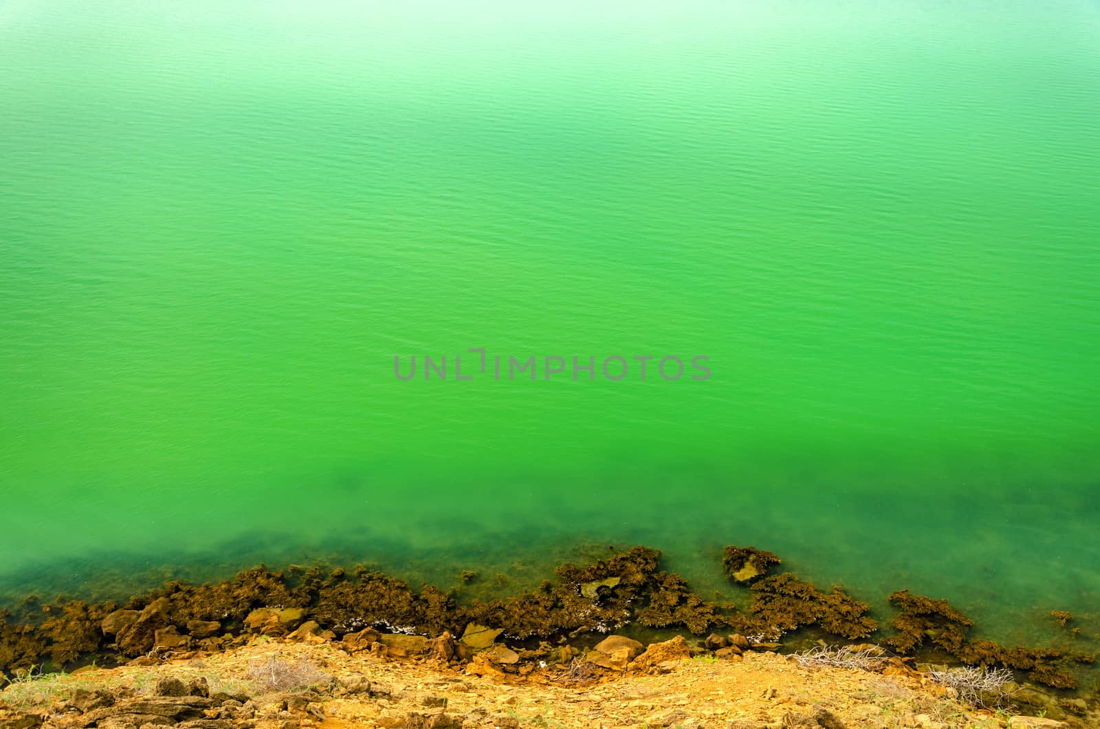 View of coastline with deep green Caribbean Sea water