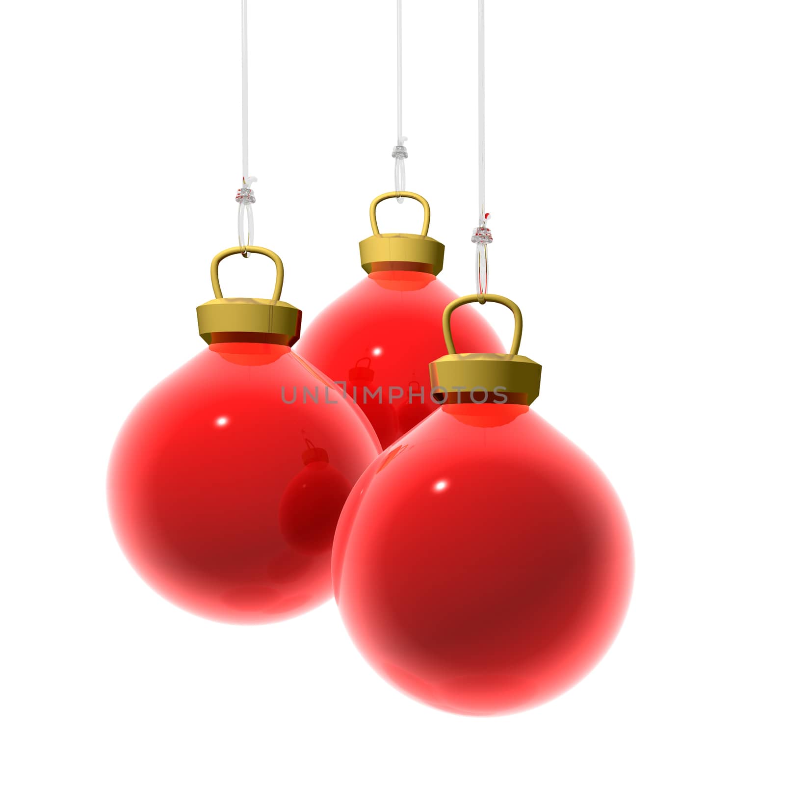3D Render of three red christmas balls hanging on a transparent wire. White background.