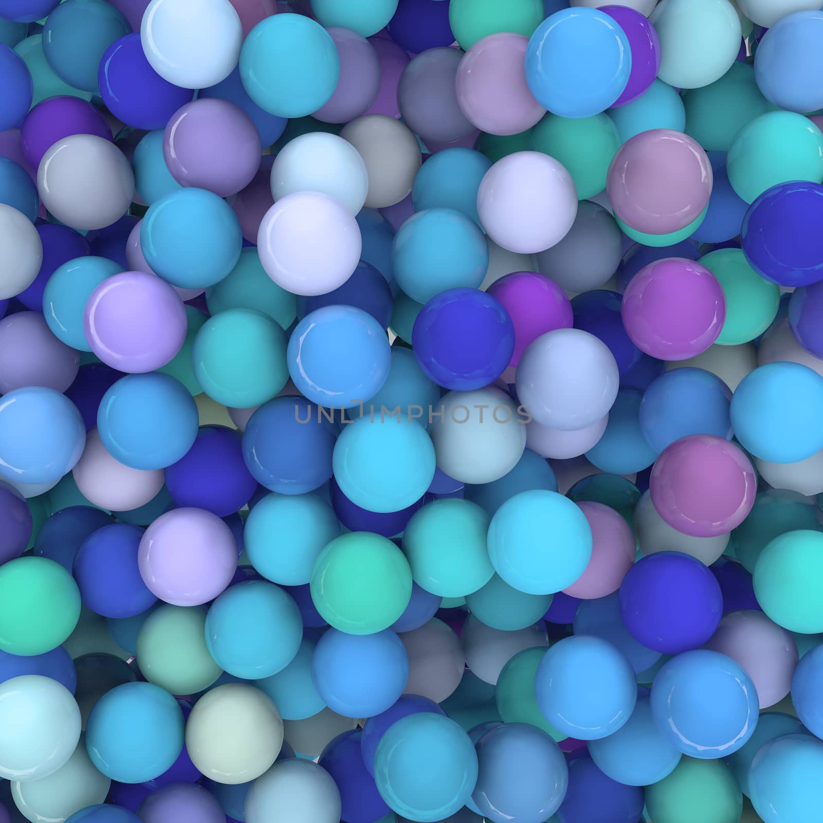 3D Render of a background with hundreds of shiny balls in blue / green / purple tones.