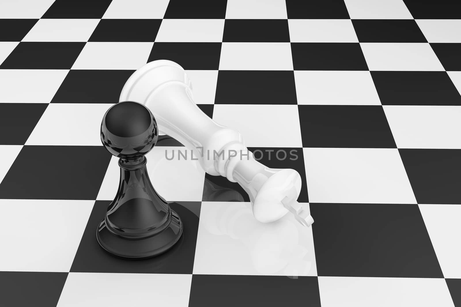 High resolution 3D render of black pawn and white king on chess board.