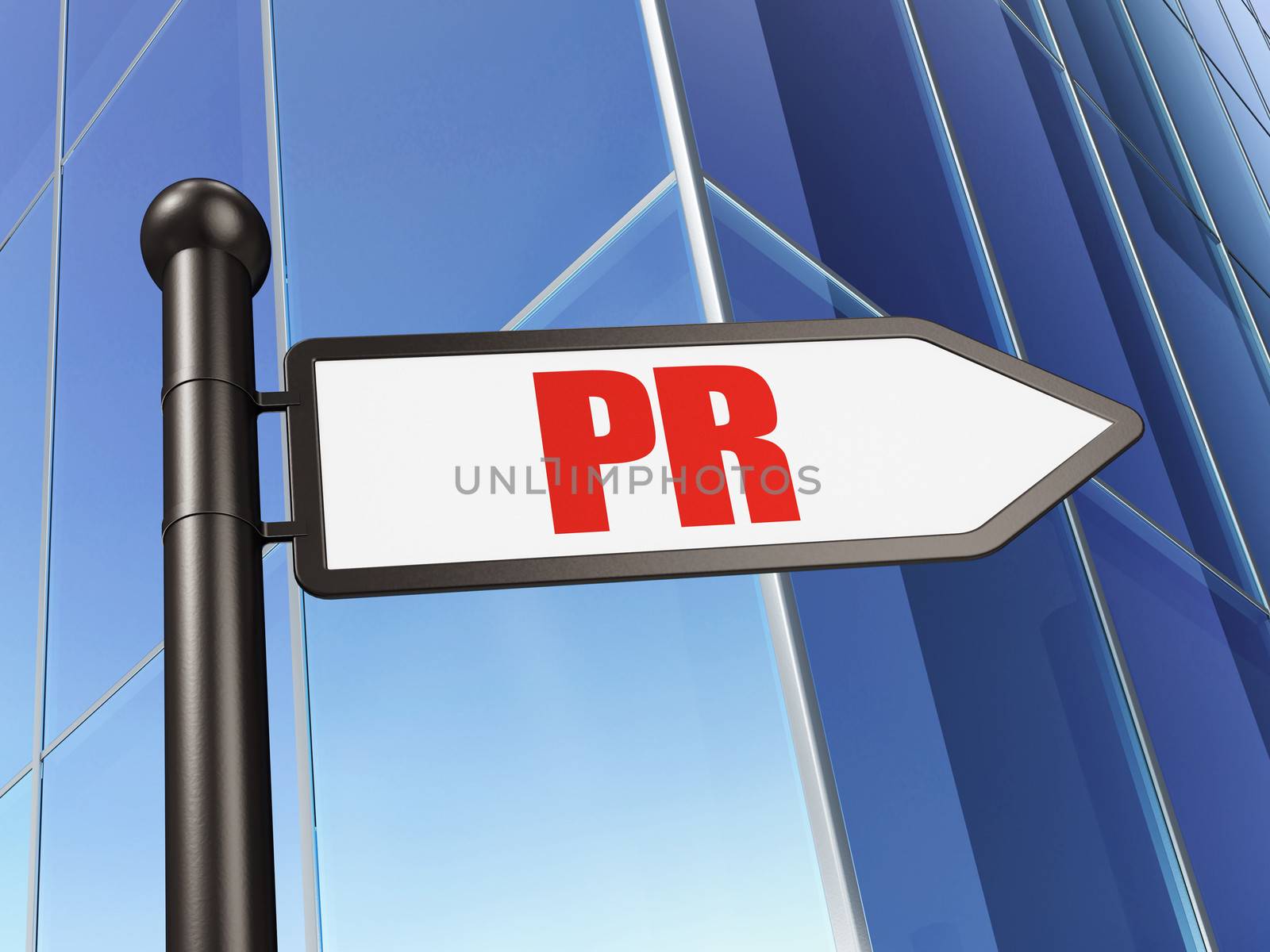 Marketing concept: PR on Building background, 3d render
