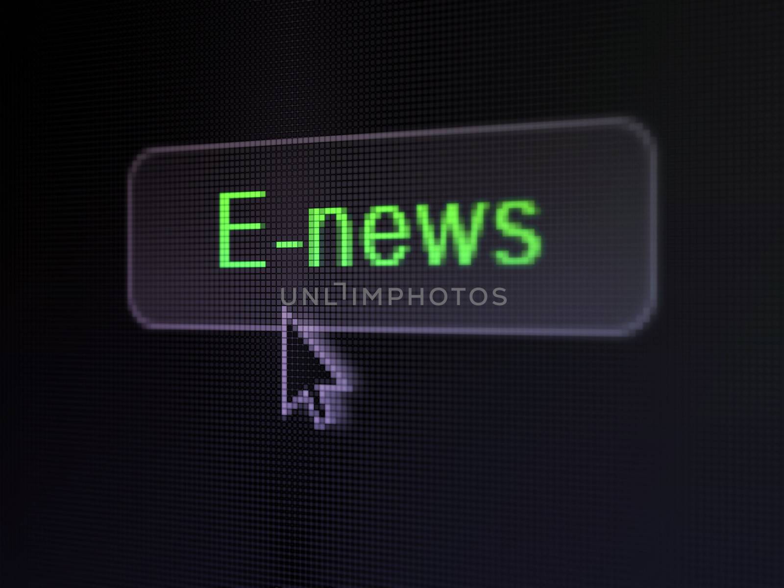 News concept: pixelated words E-news on button with Arrow cursor on digital computer screen background, selected focus 3d render