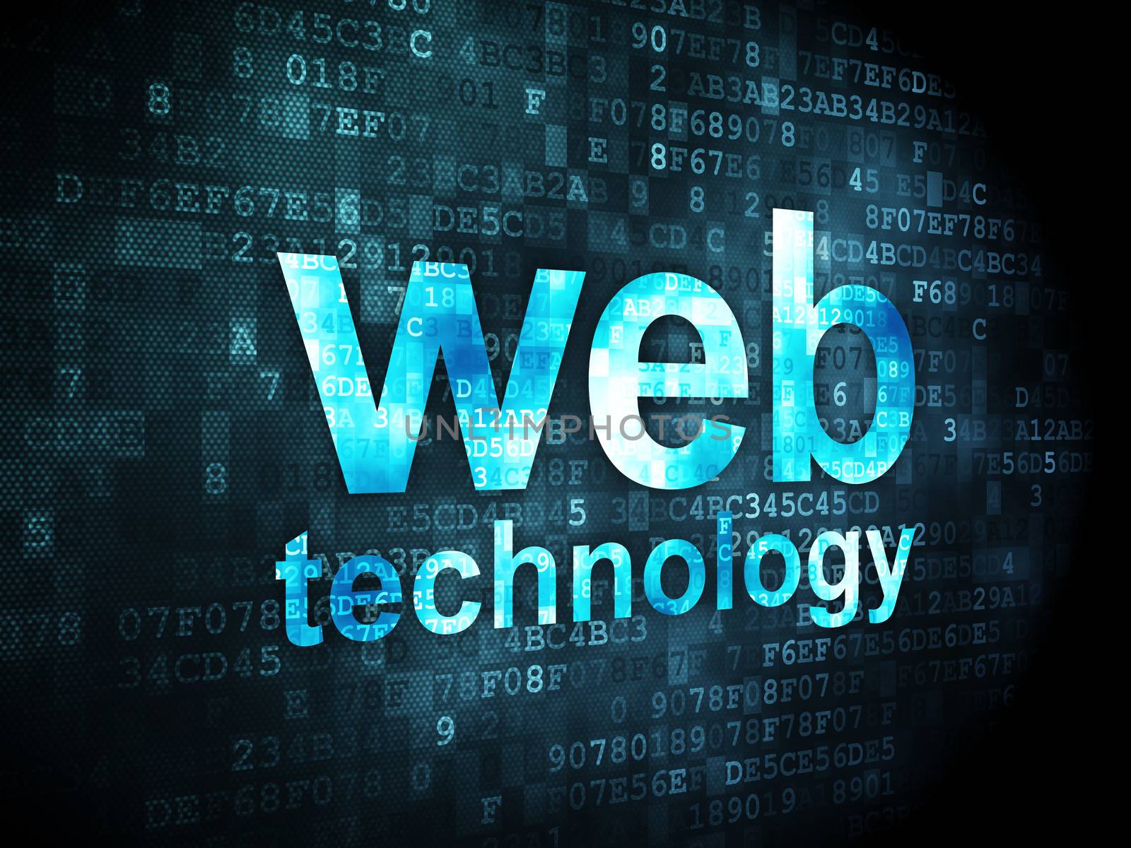 SEO web development concept: pixelated words Web Technology on digital background, 3d render